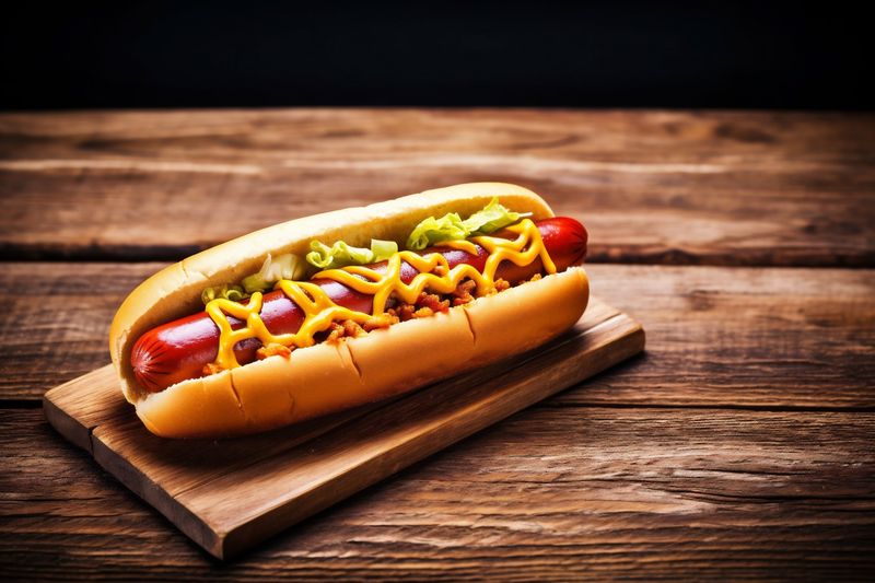 dog food bread fast background sausage hotdog sauce american hot meat. Generative AI.