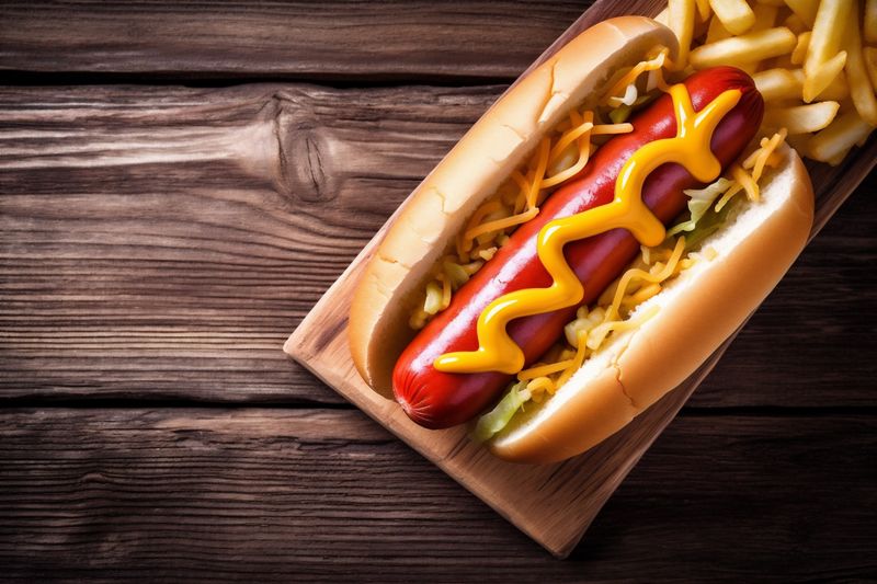 background dog american food fast bread dinner sauce hot meat sausage. Generative AI.