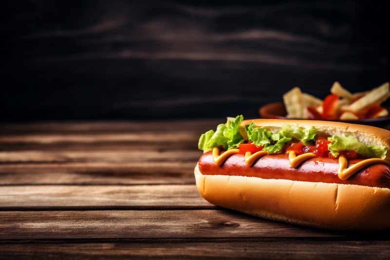 dog sauce background american food sausage hot bread fast meat vegetable. Generative AI.