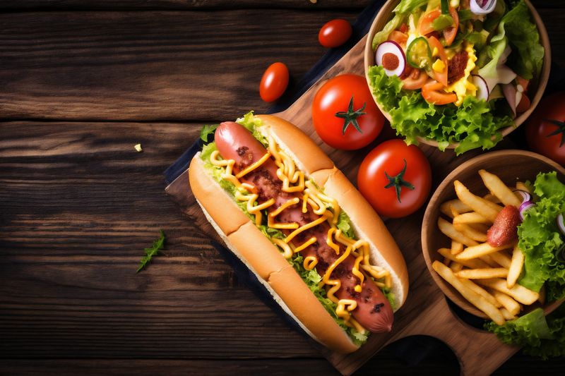 dog american sausage meat hot bread sauce background mustard food fast. Generative AI.