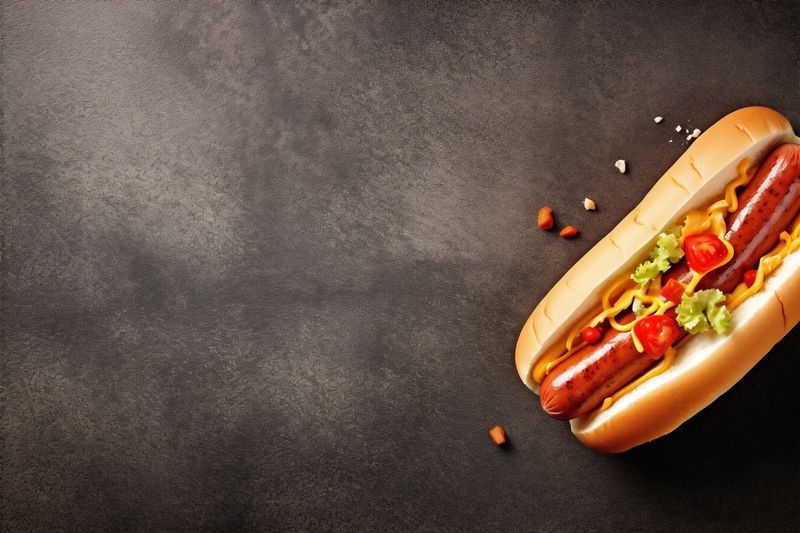 dog food meat hot sausage fast onion american bread sauce background. Generative AI.