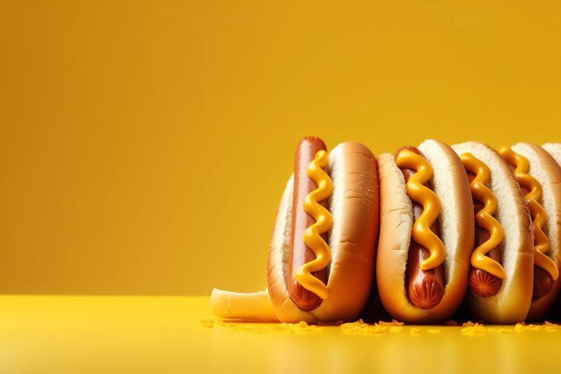 dog meat hot american food sauce fast bread background sausage vegetable. Generative AI.