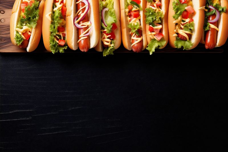 fast dog american background hot bar-b-q meat food sausage bread sauce. Generative AI.