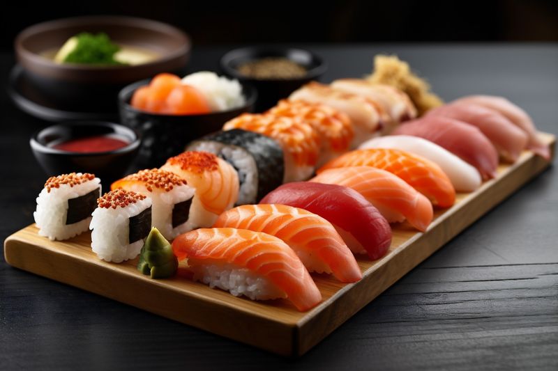 rice roll meal fish food seafood japan japanese sushi set. Generative AI.