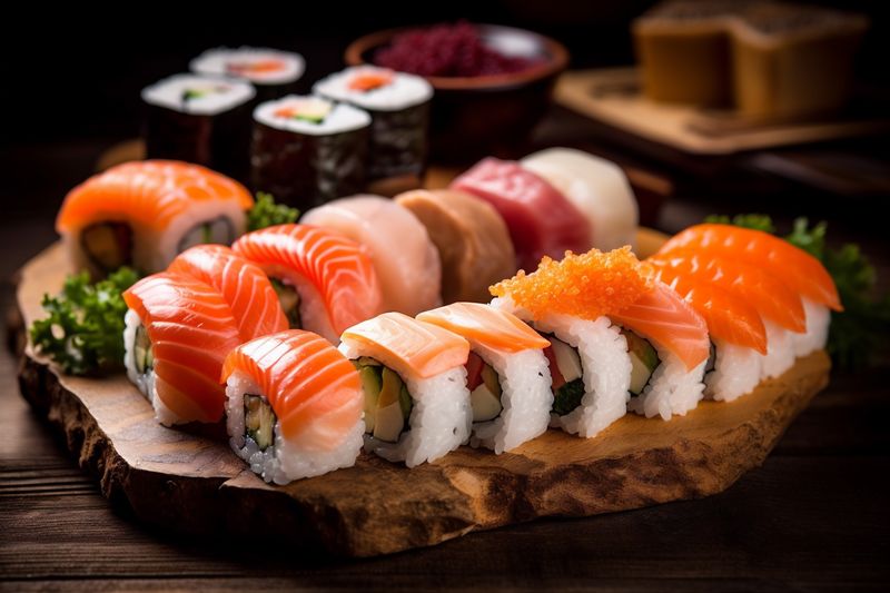 fish meal sushi japan set japanese rice roll food seafood. Generative AI.