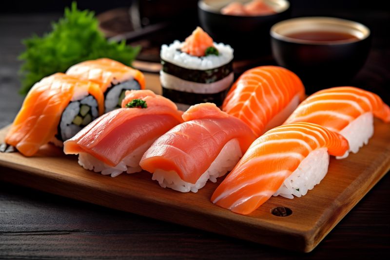 set seafood japanese japan food meal rice fish roll sushi. Generative AI.