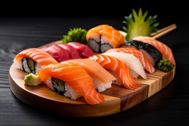 sushi roll japanese set food fish japan seafood rice meal. Generative AI.