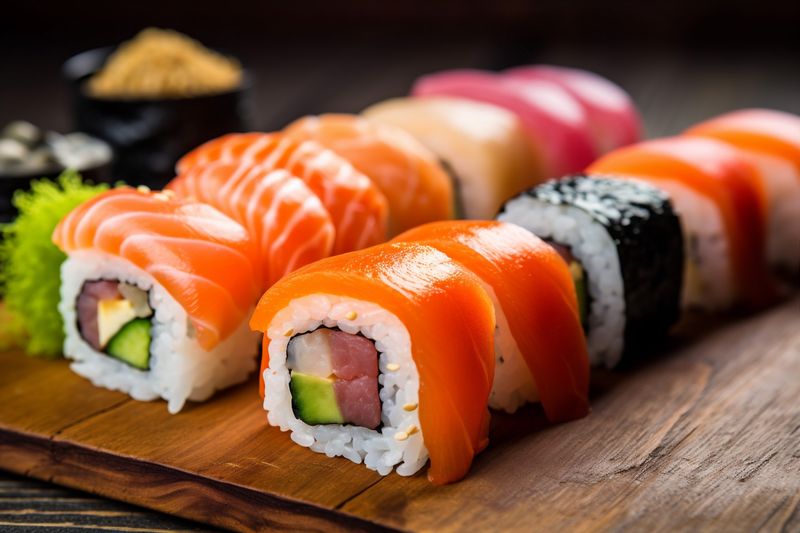 japan meal sushi food japanese fish roll seafood set rice. Generative AI.