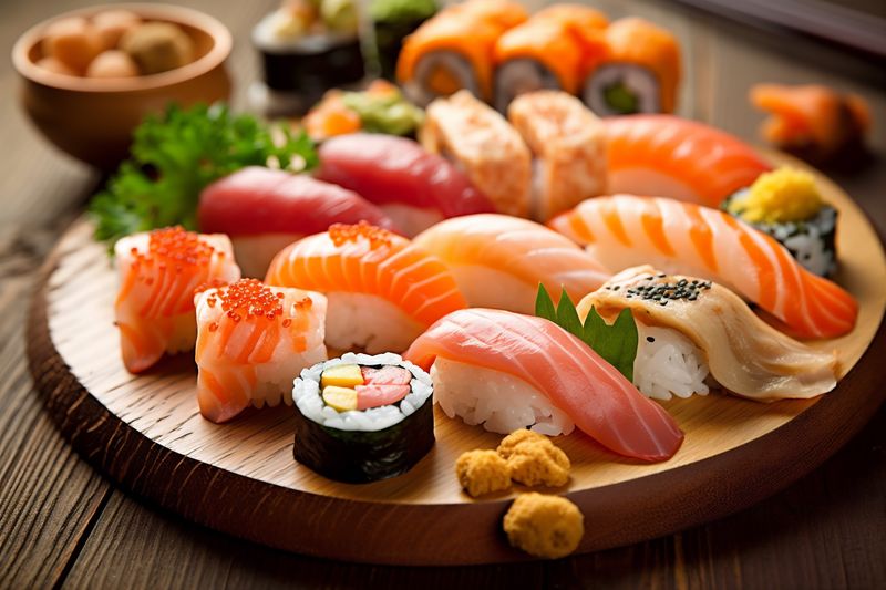 japan food seafood meal set roll fish japanese sushi rice. Generative AI.