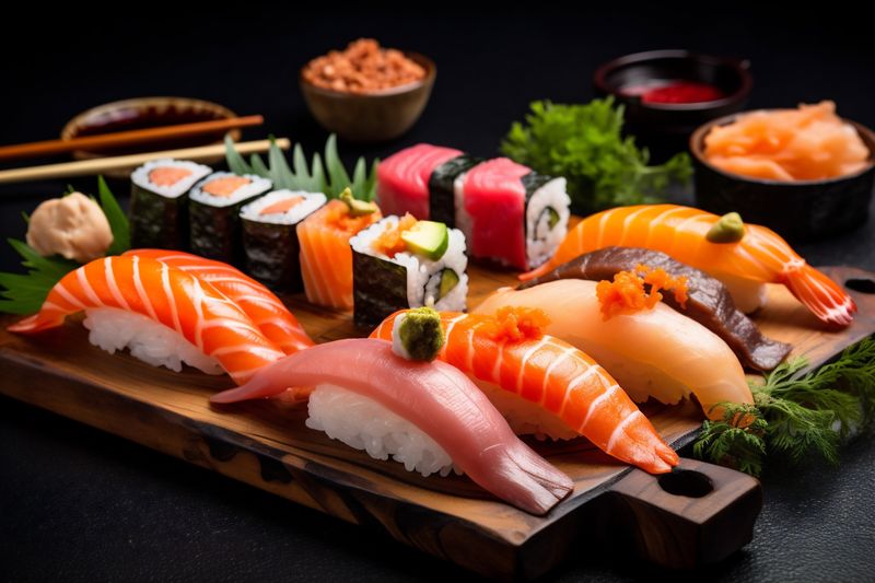 set roll meal japan japanese rice sushi food seafood fish. Generative AI.