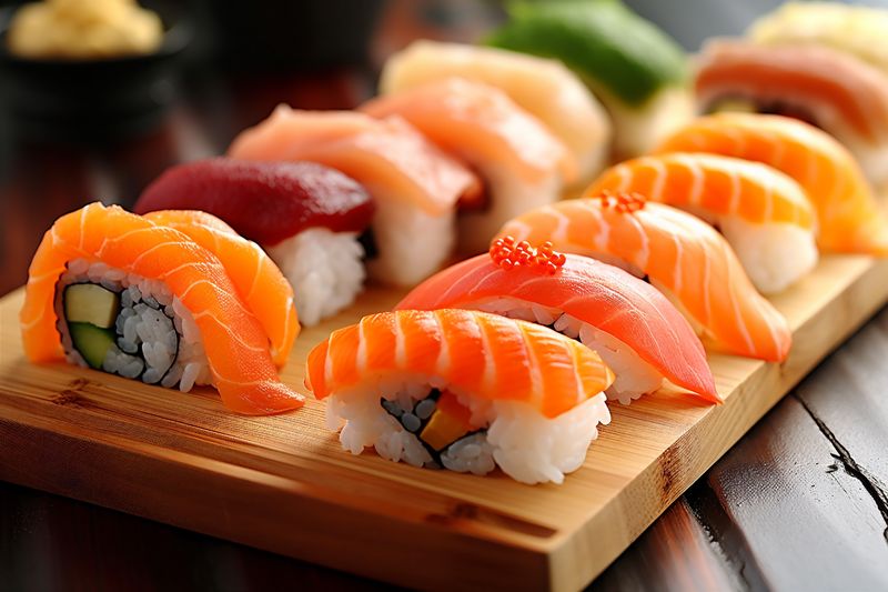 set japanese rice fish sushi japan seafood food meal roll. Generative AI.