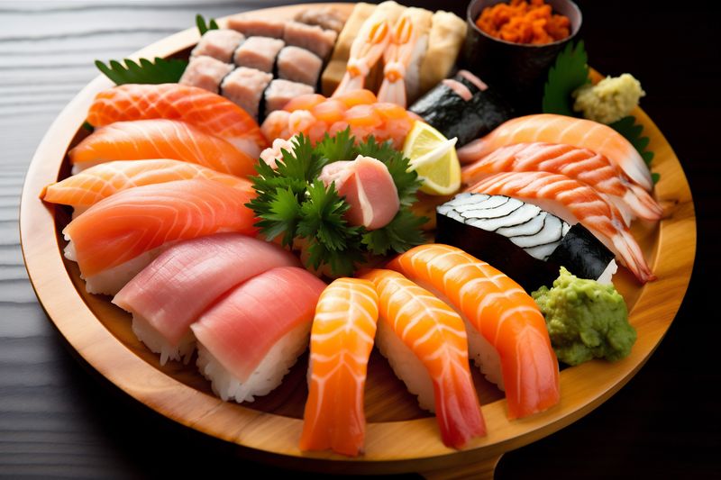 food fish seafood rice sushi roll set japan meal japanese. Generative AI.