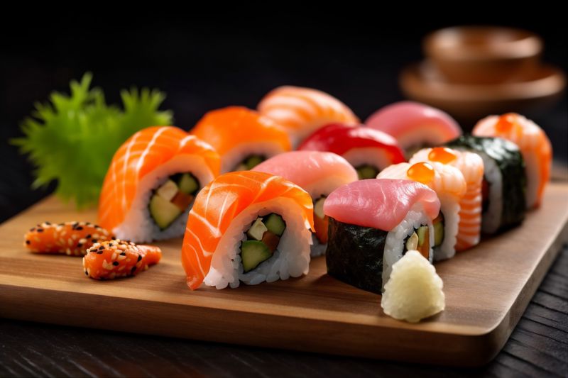 set japan sushi rice roll food japanese meal fish seafood. Generative AI.