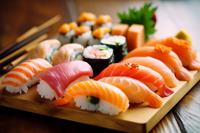 meal sushi rice japan fish set japanese seafood roll food. Generative AI.