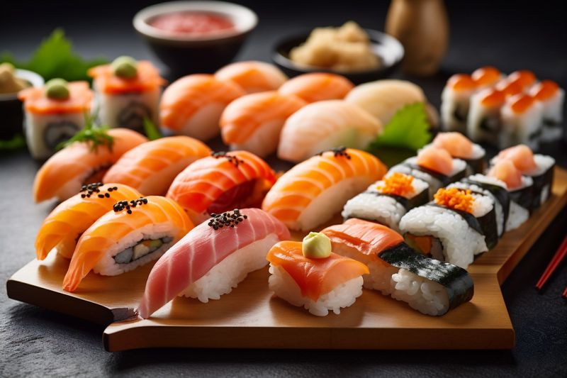 sushi set roll meal seafood fish japanese japan rice food. Generative AI.
