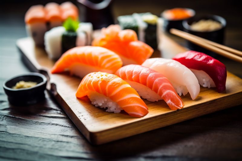 japanese rice japan seafood meal food sushi set roll fish. Generative AI.