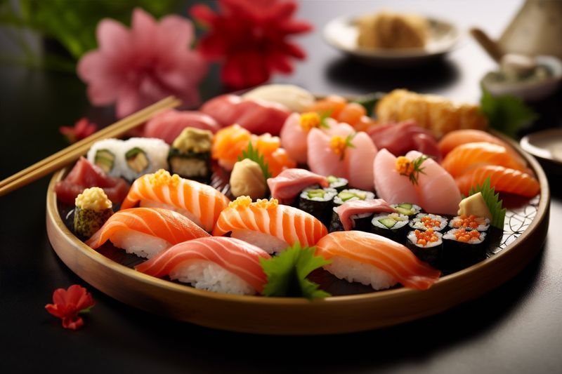 sushi meal food set seafood fish roll japanese japan rice. Generative AI.
