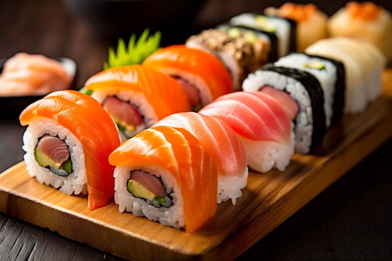 japan set japanese rice meal seafood sushi fish food roll. Generative AI.