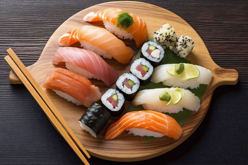 japan japanese fish seafood meal food sushi roll rice set. Generative AI.