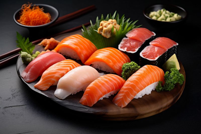 roll japan set fish sushi rice food meal japanese seafood. Generative AI.