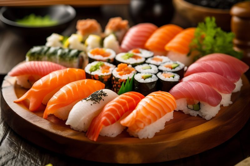 rice meal japanese sushi fish seafood set roll food japan. Generative AI.