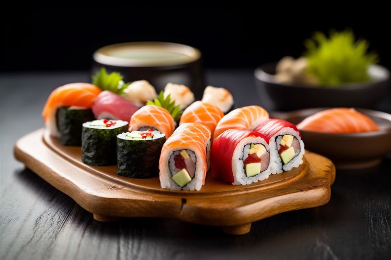japanese roll sushi meal seafood japan food fish set rice. Generative AI.