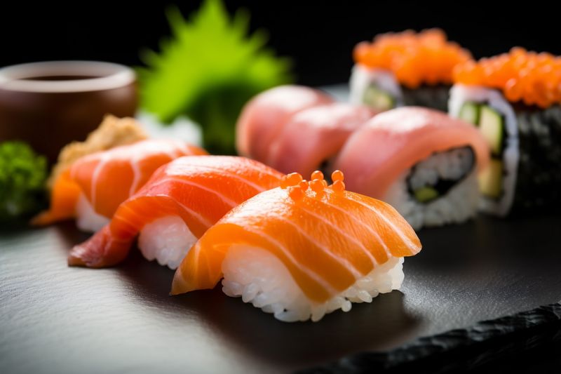 sushi roll set seafood rice japanese japan meal food fish. Generative AI.