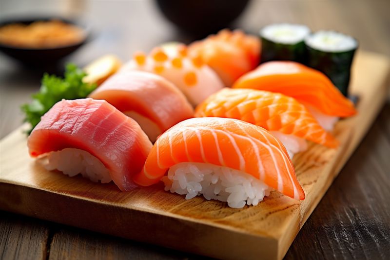 roll rice meal fish seafood food japan japanese sushi set. Generative AI.