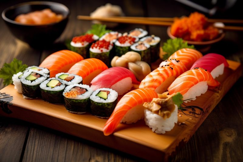 meal fish rice sushi japanese roll seafood set japan food. Generative AI.