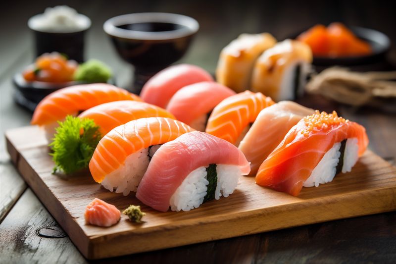 food set fish roll rice sushi japanese japan meal seafood. Generative AI.