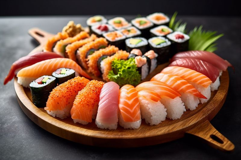 japan sushi japanese food rice fish roll seafood meal set. Generative AI.