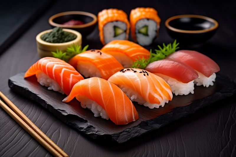 rice japan set sushi japanese meal fish food roll seafood. Generative AI.
