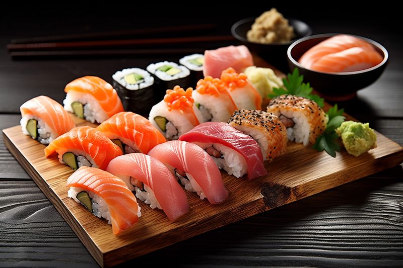 fish set japan sushi roll seafood food japanese meal rice. Generative AI.