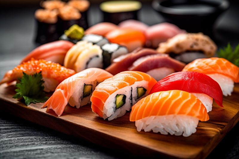 fish sushi food rice roll japanese japan seafood set meal. Generative AI.