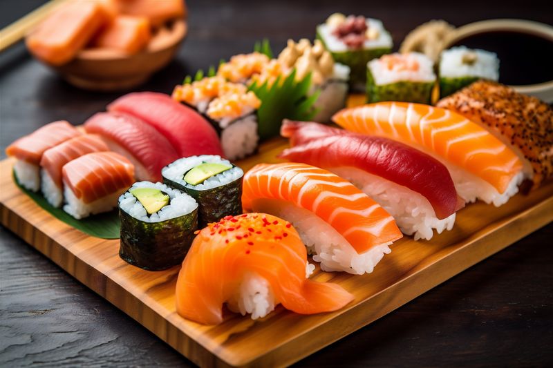 japan seafood japanese roll fish food sushi rice meal set. Generative AI.