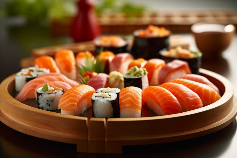 roll fish meal rice food sushi set japanese japan seafood. Generative AI.