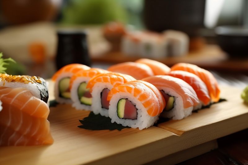 rice sushi fish set japan seafood food meal japanese roll. Generative AI.