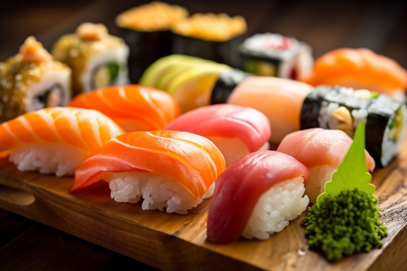 japanese set food rice meal japan sushi seafood roll fish. Generative AI.