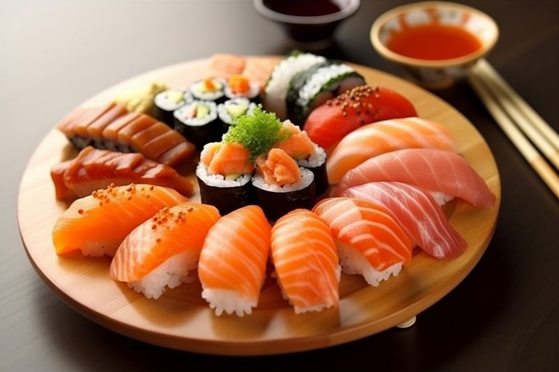 meal sushi japan roll rice fish food set japanese seafood. Generative AI.
