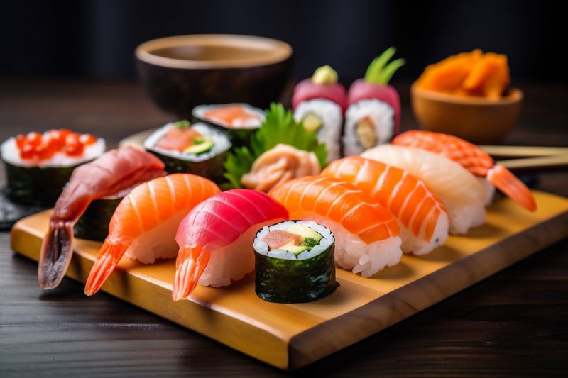 rice seafood meal food sushi fish japanese roll set japan. Generative AI.