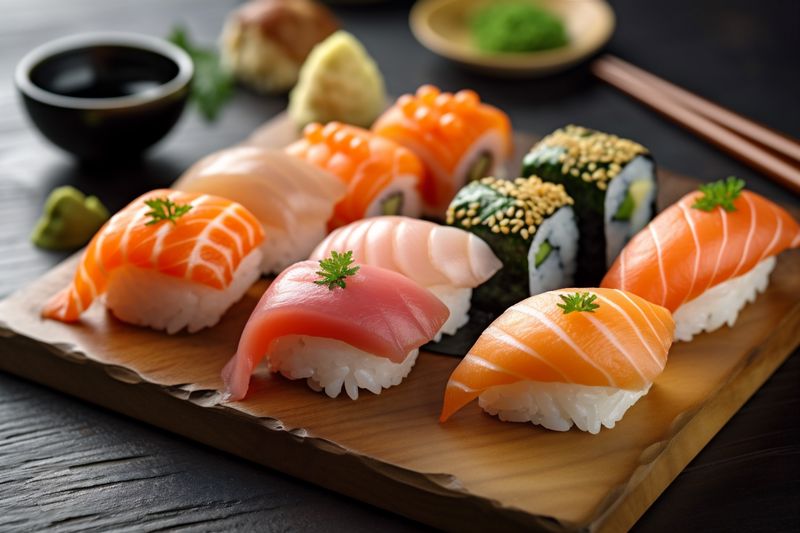 food set rice fish sushi roll japanese seafood meal japan. Generative AI.