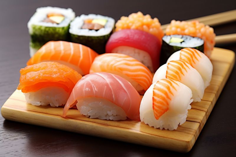 sushi seafood fish meal food rice roll japanese japan set. Generative AI.