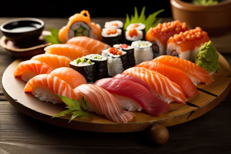 sushi japanese set rice roll fish japan seafood food meal. Generative AI.