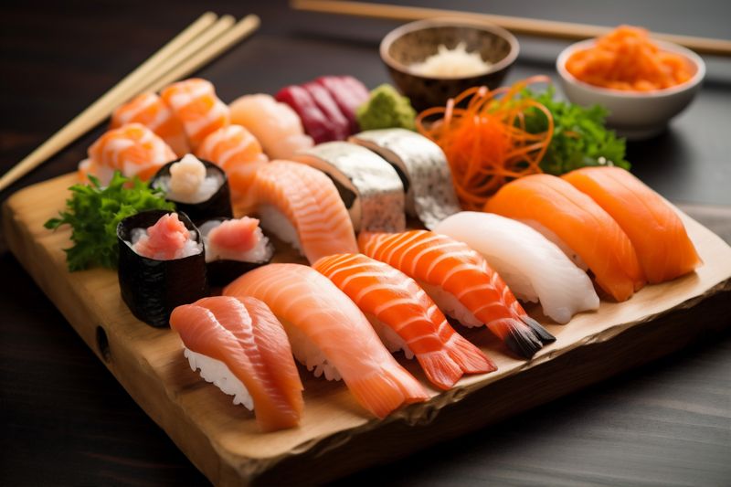 sushi food japanese meal rice japan set seafood fish roll. Generative AI.