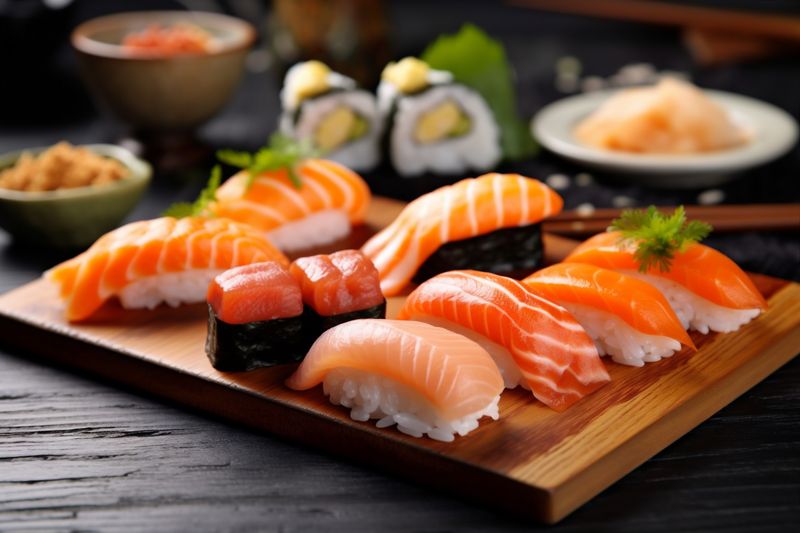 rice food roll sushi meal fish japan japanese seafood set. Generative AI.