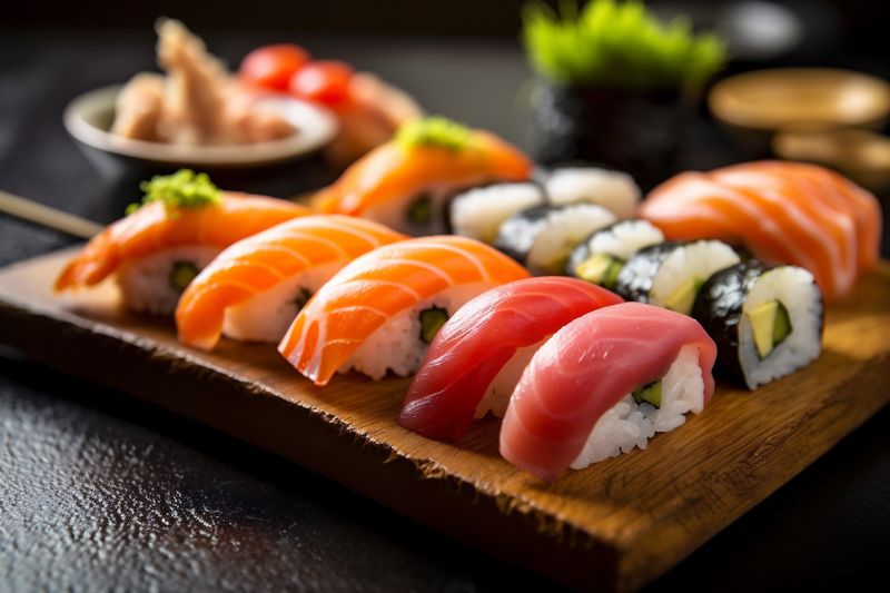 japan set sushi roll food rice fish meal japanese seafood. Generative AI.