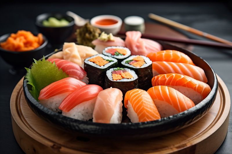 japan food roll japanese sushi set seafood meal fish rice. Generative AI.