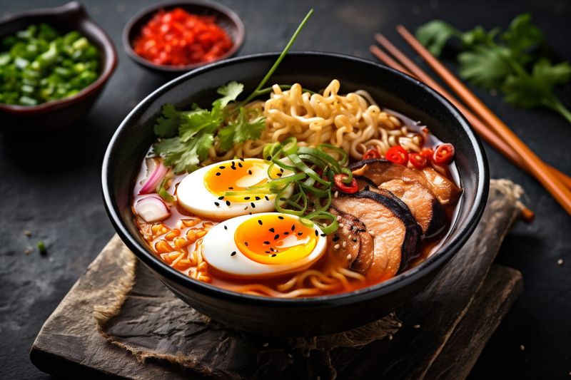 meal soup bowl vegetable noodle ramen chopstick asian japanese food. Generative AI.