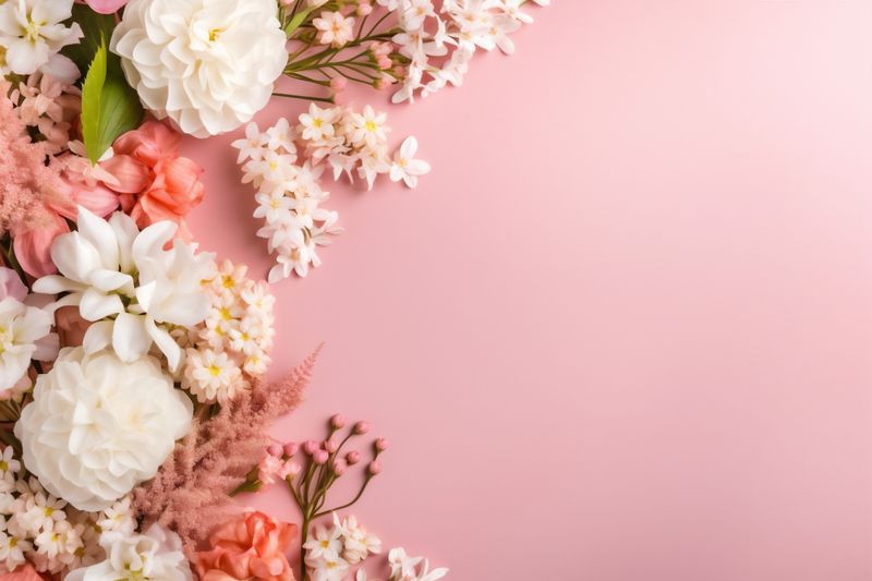 valentine pink background white nature bouquet floral wedding leaf blossom flower. Generative AI.