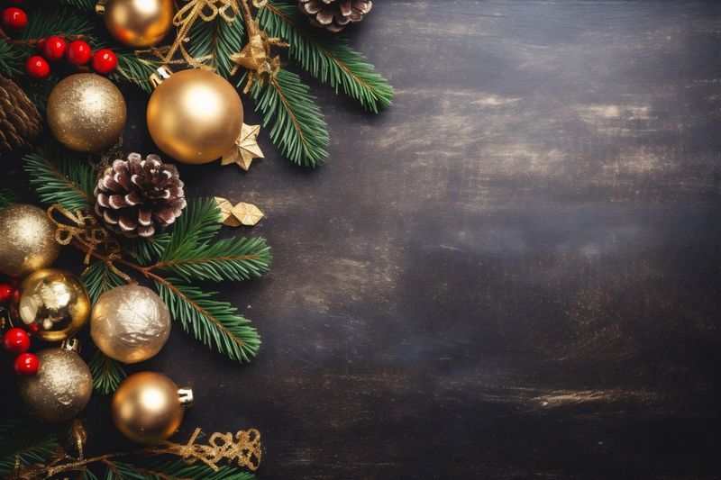 winter christmas year decoration gold background snowflakes tree christmas new card holiday. Generative AI.